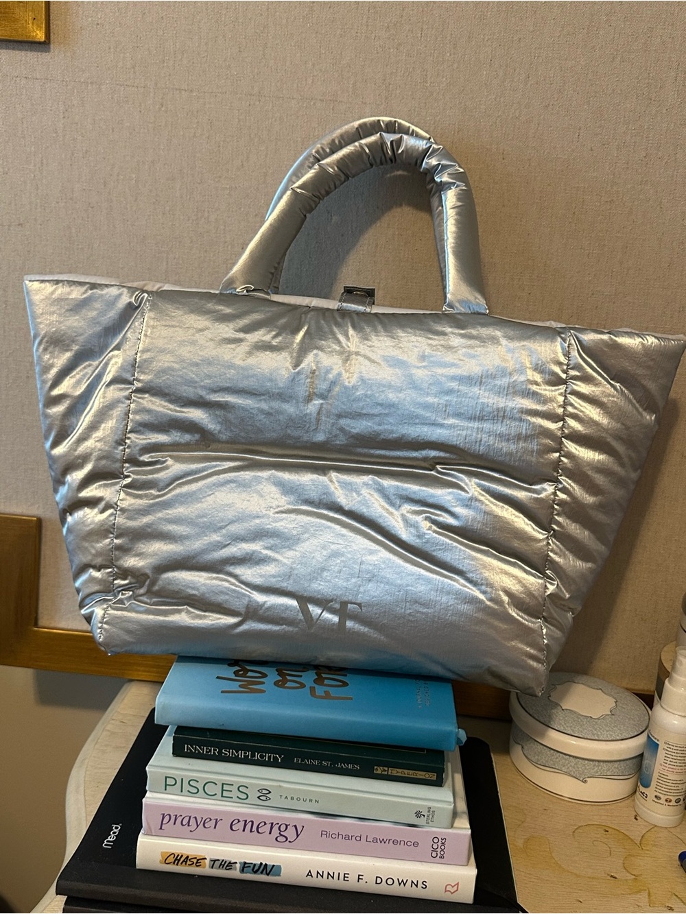 VT cosmetics Quilted Metallic Silver Tote Bag with Padded Handles